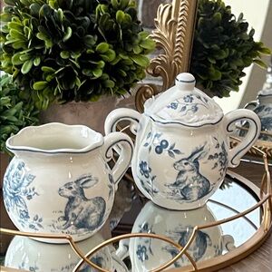 NEW! Vintage Inspired French Floral Toile Blue & White Bunny Sugar & Creamer Set
